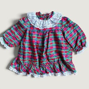 Vintage Winnie the Pooh Disney Plaid Lace Collar Christmas Dress 3T Made in USA